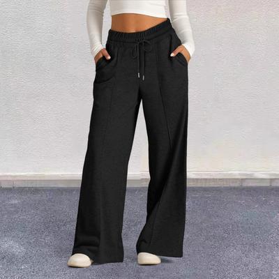 Women Spring Wide Leg Sweatpants Elastic Drawstring Waist Solid Color Sport Pants Pockets Baggy Lounge Pants