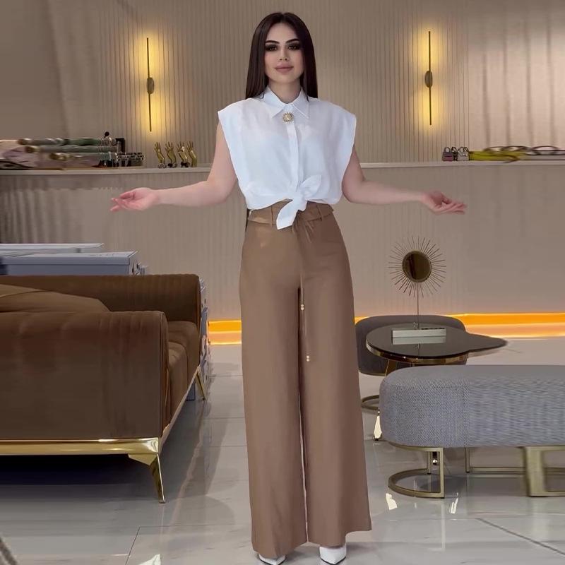 2024 Summer Women's Casual Slim Shirt & Wide-Leg Pants Set