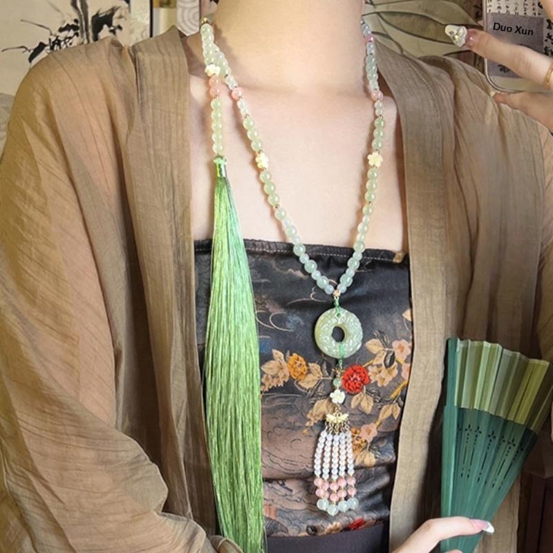 Fashion Chinese Style Beaded Long Tassel Necklaces Ethnic Style Hanfu Cheongsam Necklaces Accessories Retro Jewelry For Women