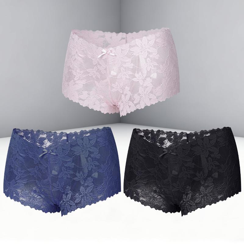 FINETOO 3Pcs Women's Sexy Lace Floral Perspective Boyshorts Solid Color Hollow Out Boxer Panties Female Breathable Transparent Lingerie