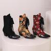 B/Women's High Heel Short Boots Fashion Print Thick Heel Denim Boots Autumn and Winter New Large Women's Boots