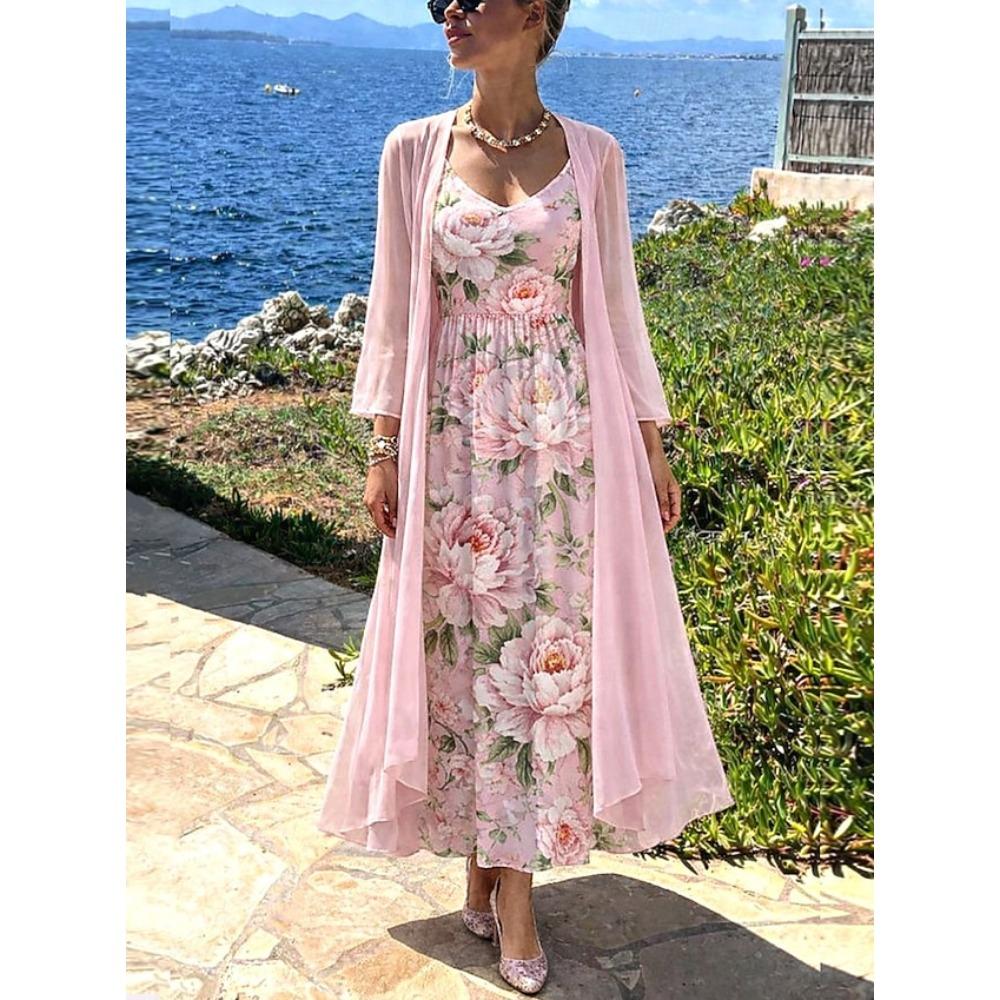 Women's V Neck Floral Print Maxi Dress Two Piece 3/4 Sleeve Chiffon Cardigan Elegant Casual Sundress Outfit Set