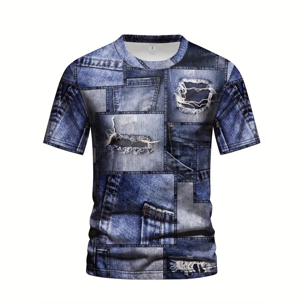 

Мужская футболка с узором из денима, летняя, с коротким рукавом и круглым вырезом, модная уличная спортивная одежда, свободная повседневная мужская одежда, Camisa 5XL