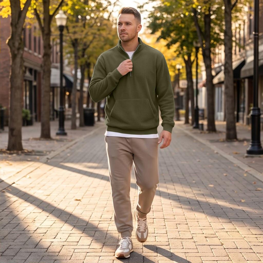 Men's Corduroy 1/4 Zip Pullover, Retro Long Sleeve Top with Stand Collar and Pocket