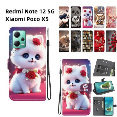Handmade PU Leather Flip Case for Redmi Note 12 5G/Xiaomi Poco X5 Anti-Slip Shockproof Cover with Wrist Strap & Heart/Rose Cat Designs