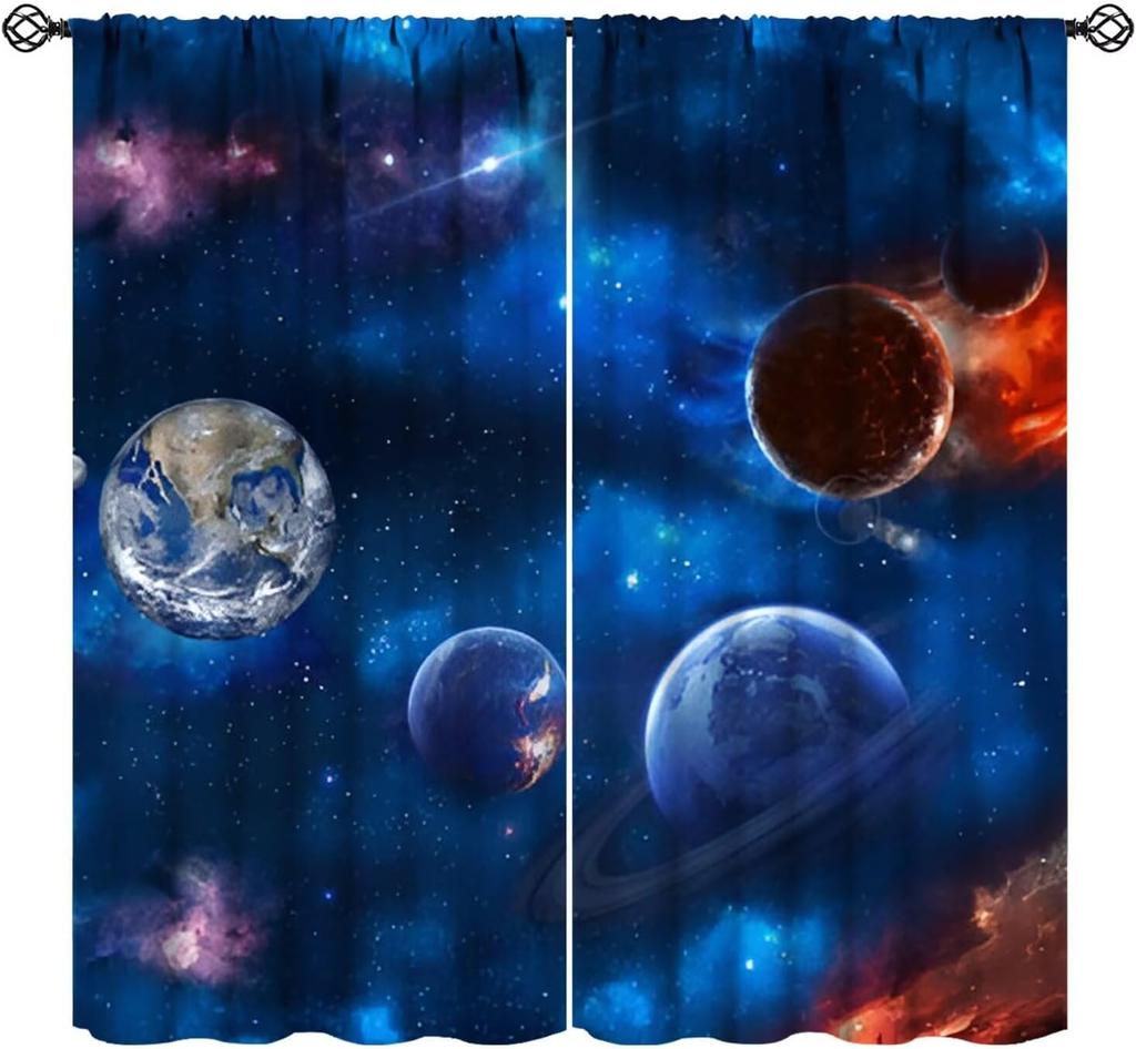 Outer Space Curtains Cartoon Astronaut Rocket Planets Stars Spaceman Universe Galaxy Print Window Kids Boys Made Of Polyester
