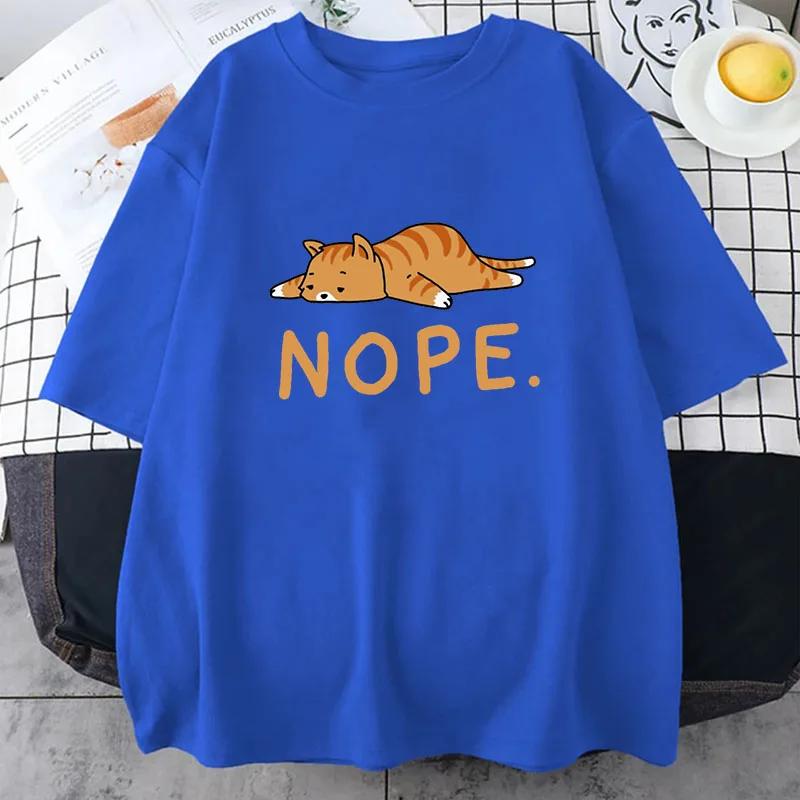Sleeping Cat Nope Cartoons Print Male Short Sleeve Harajuku Street T-Shirts Summer Loose T Shirts Harajuku Cotton T Shirt Men
