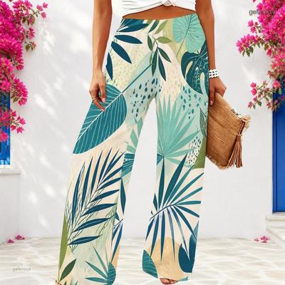 Women Plus Size Tropical Leaf Printed Loose Wide Leg Full Length Pants