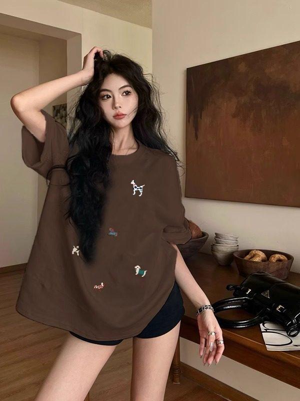 Damen Plus Size Retro Braunes Baumwoll-Kurzarm-T-Shirt - Altersreduzierend Stilvoll Lockere Passform