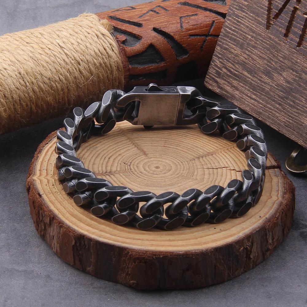 Retro Black Men's Bracelet Stainless Steel Curb Cuban Chain Hip Hop Fashion Handmade Jewelry, Men's Gift