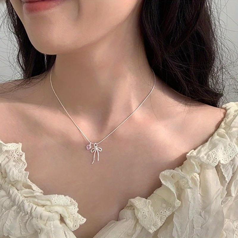 Pink Bow Pendant Necklace, Women's Sweet and Elegant Style, Classic and Simple Personality, Engagement Jewelry, Preferred Gift Giving