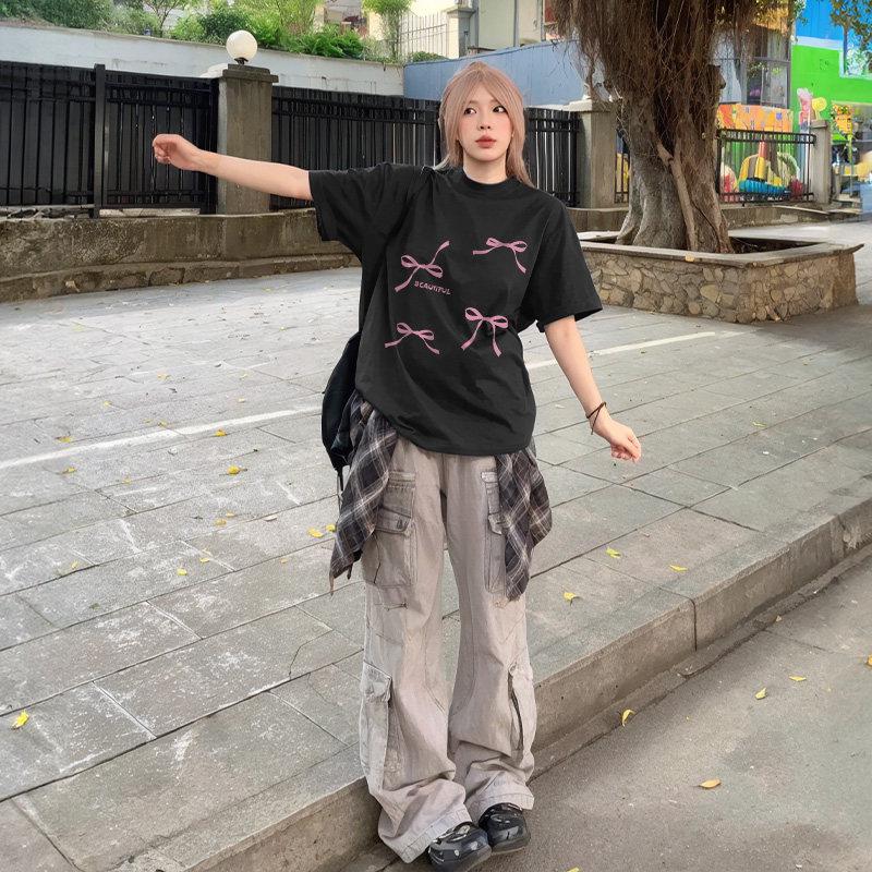 

Women s Plus Size Retro Butterfly Print Cotton T-Shirt - Summer Loose Fit, Short Sleeve M (for 80-100 jin) темно-серого
