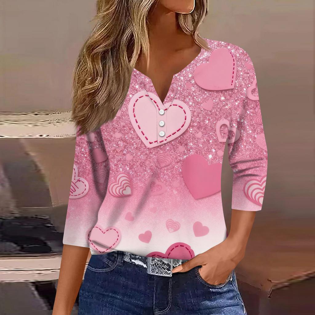 Women's Fashion Button-Up V-Neck Three-Quarter Sleeve Valentine's Day Print Top