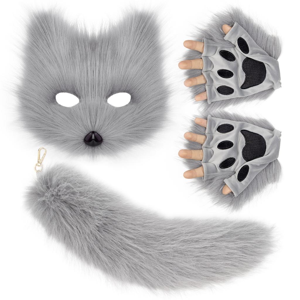 Nadýchaná kožešina Fox Tail Keychain Cat Tlaps Rukavice a Wolf Therian Mask Sada pro Halloween Cosplay kostýmní doplňky