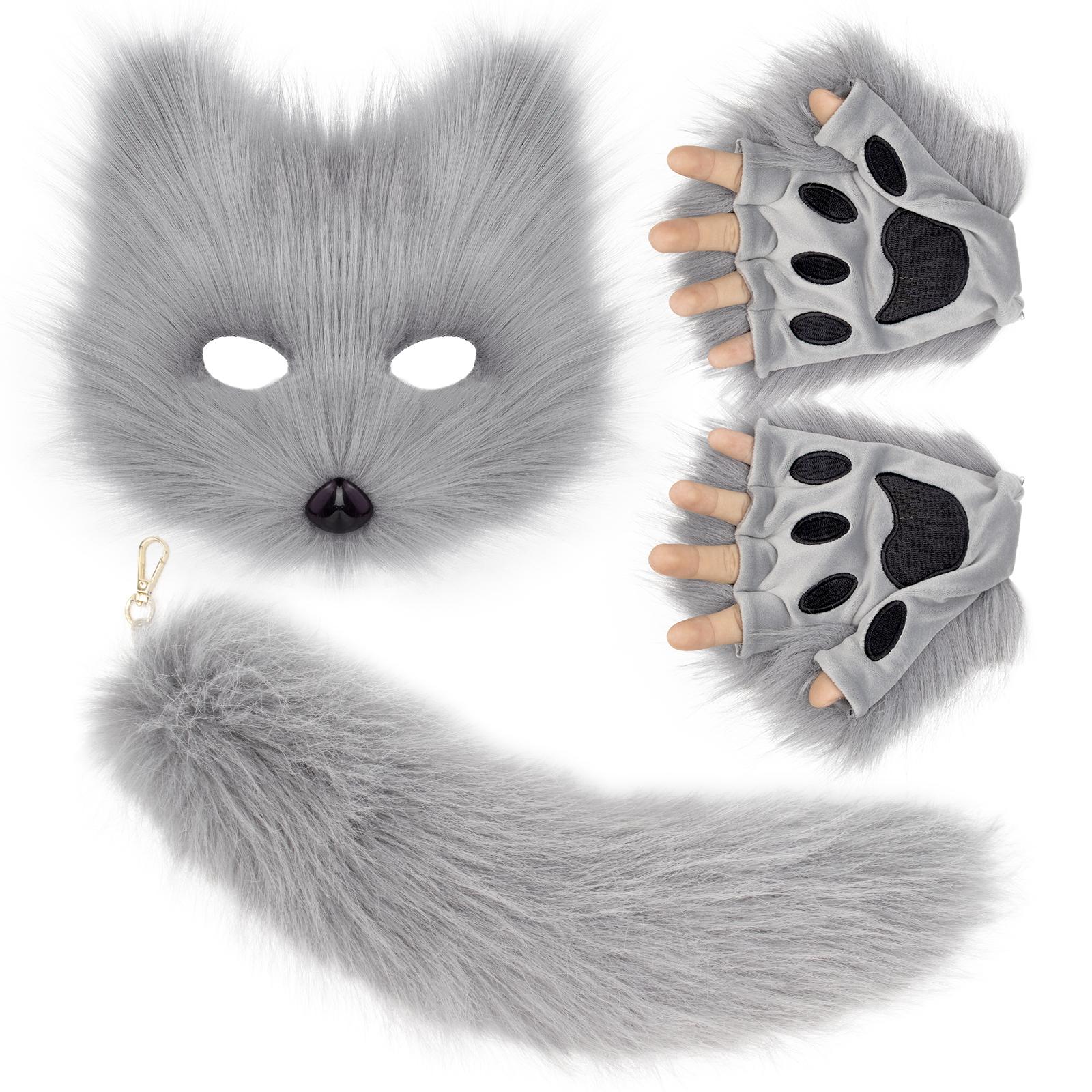 Flauschiges Fell, Fuchsschwanz, Schlüsselanhänger, Katzenpfoten, Handschuhe und Wolfsmaske, Set für Halloween, Cosplay, Kostümzubehör one size gray