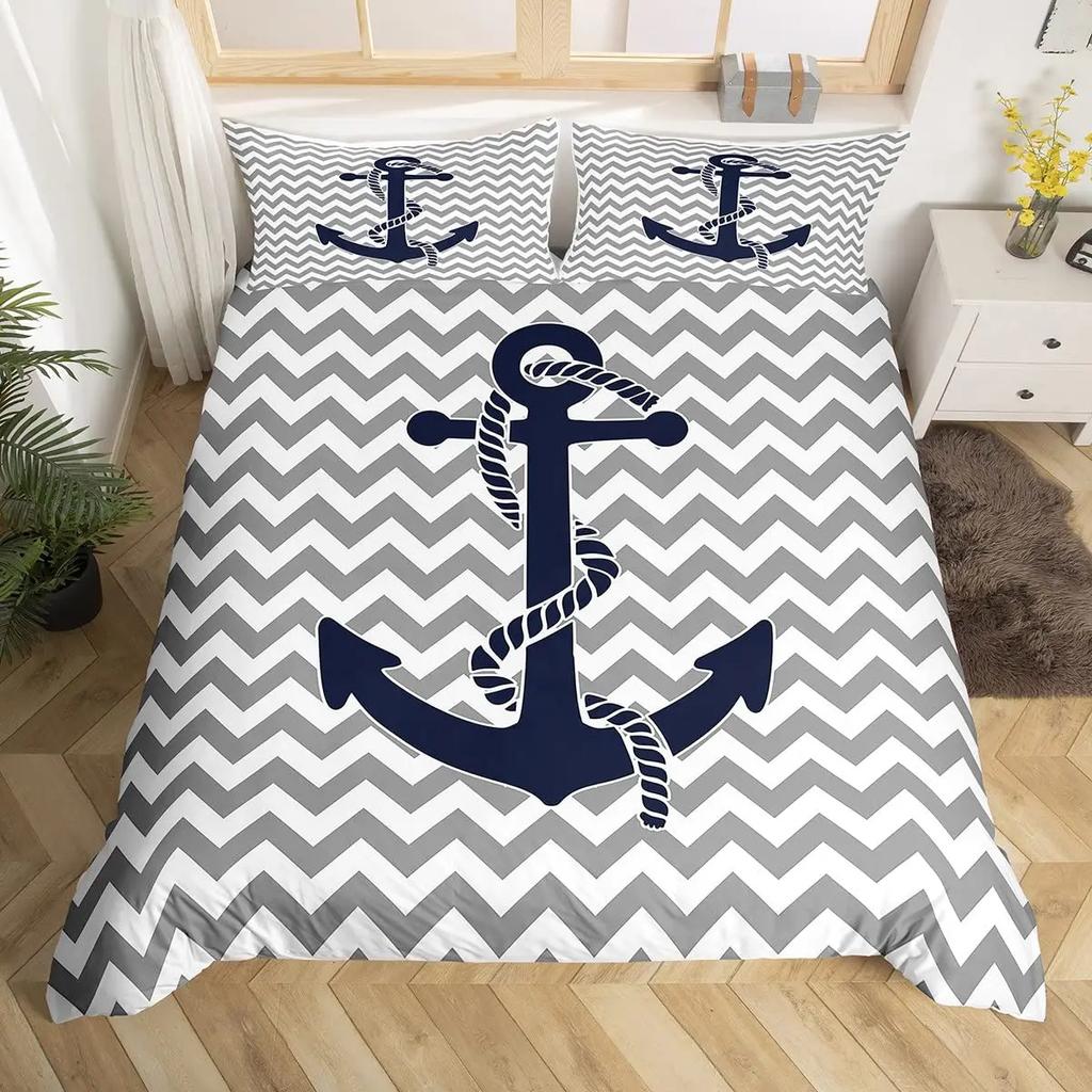 Nautical Anchor Pattern Duvet Cover Set King,Geometric Stripes Ocean Adventure Theme Quilt Navy Blue and Red Bedding Set 3pcs
