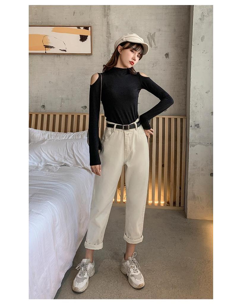 Damen Schwarzes Schulterfreies Slim Fit Langarm Koreanischer Stil Top