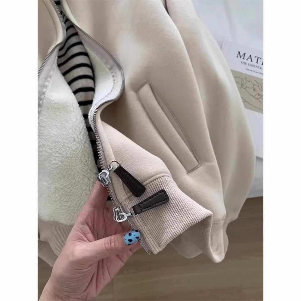 Veste Sweat-shirt en Velours Épais Col Zippé Chaud Décontracté Automne Hiver Style Coréen Navette Polyvalent Femme