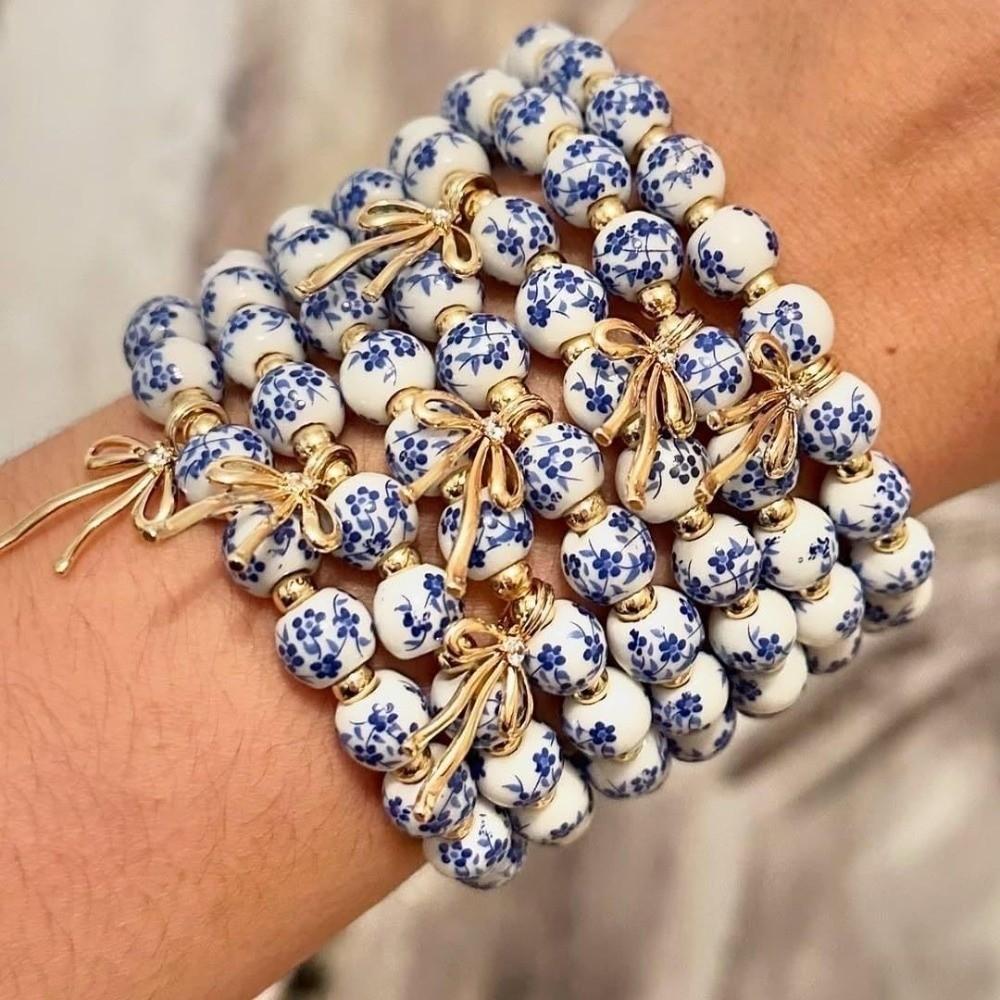 Chinese Style Blue and White Porcelain Bracelet Elastic Versatile Ceramic Bracelet Vintage Pretty Women's Bracelet Birthday Gift