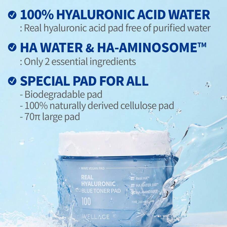WELLAGE Real Hyaluronic Blue Toner Pad 210ml(70pc) – Korean Skincare Zero Pore Facial Pads 70 Sheets, Hyaluronic Water Jojoba