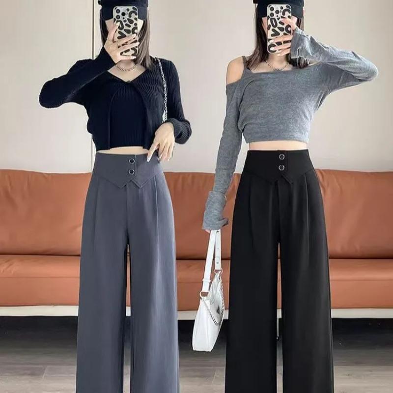 Women High Waist Double Button Wide Leg Suit Pants