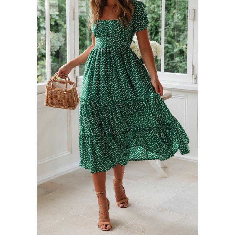 Women's French Vintage Floral Print Midi Dress Square Neck Puff Short Sleeve High Waist Chiffon Tiered Summer Casual Holiday Party Ladies Dress