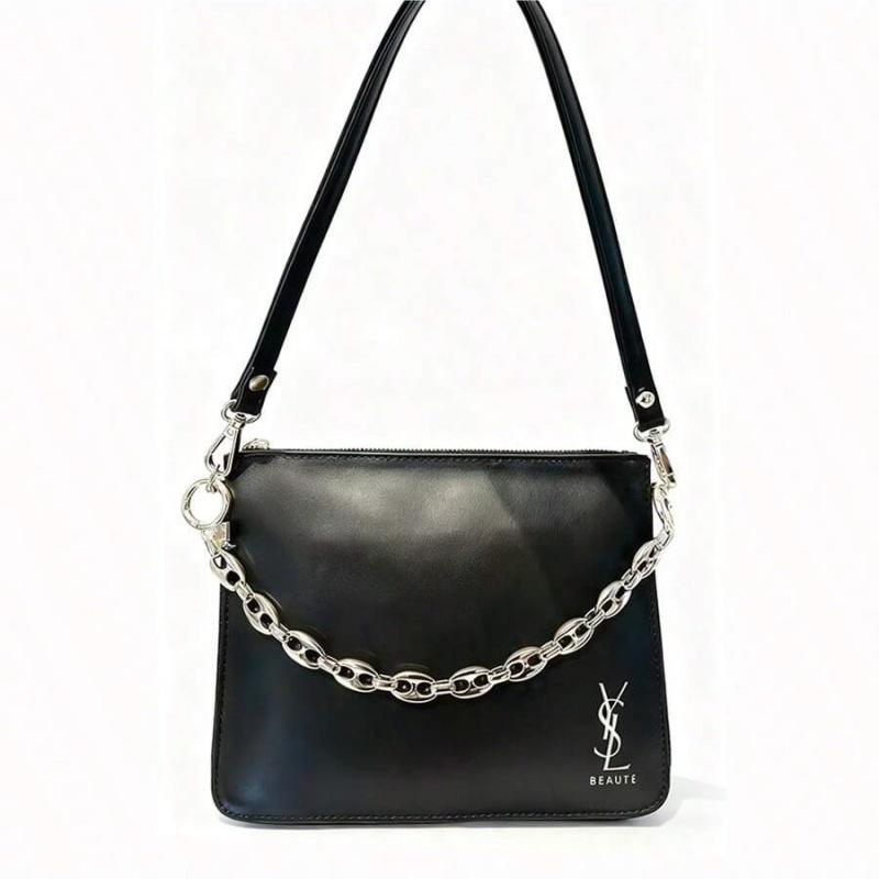 YSL black makeup crossbody bag with chain detailing, portable design, and large capacity, suitable for everyday use and travel.