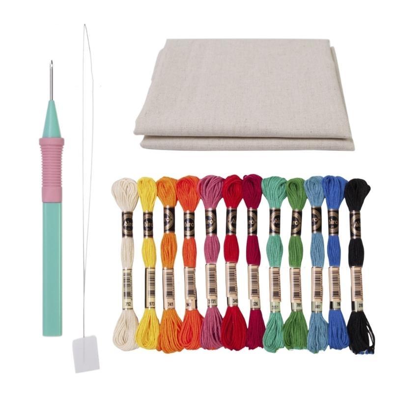 Beginner Punching Needle Embroidery Set Inlcudes 12 Color Yarn, Embroidery Cloth, Punching Needle Pen, Needle Threader