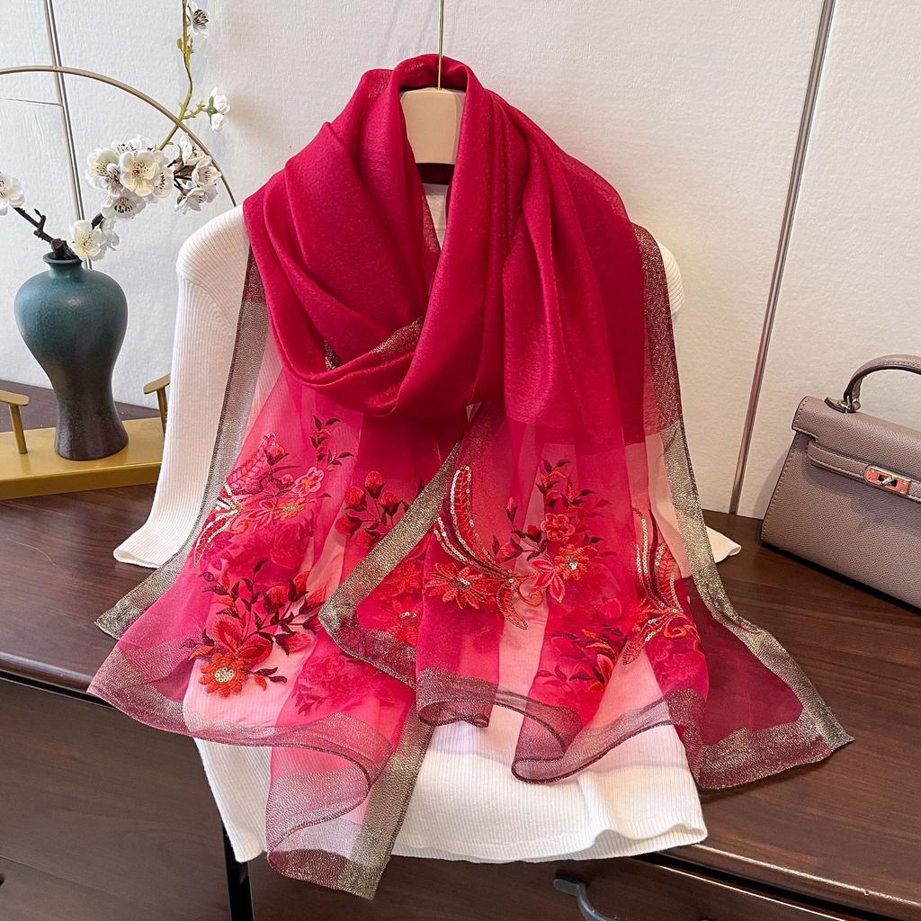 Nová hedvábná vlněná šála Šál do klimatizované místnosti Vnější výšivka pro dámskou jarní a podzimní ochranu krku Hedvábná šála s výšivkou v čínském stylu