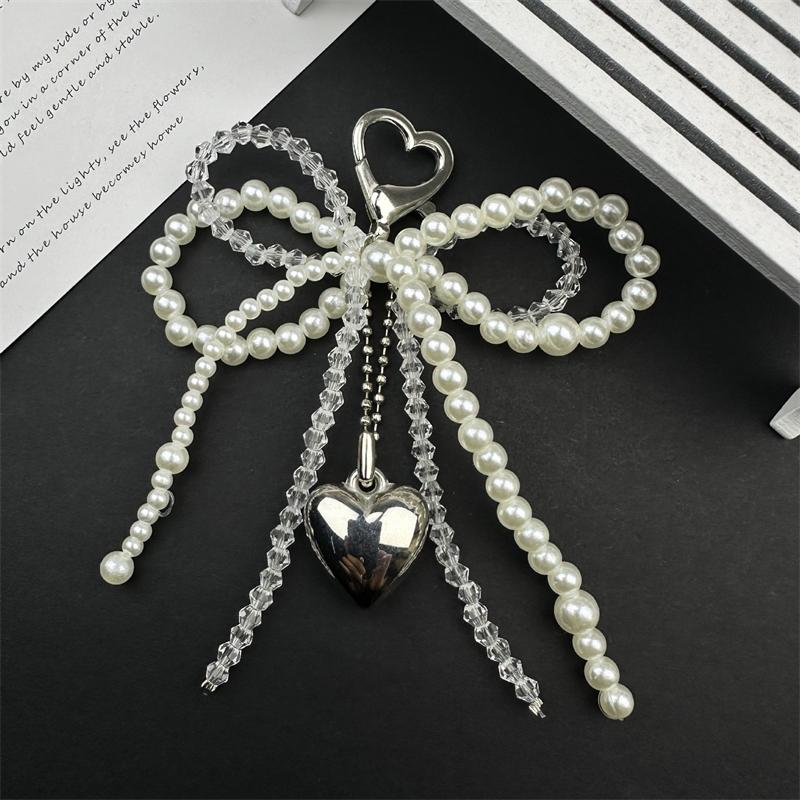 Double-layer Sweet Lovely Beaded Bowknot Heart Keychain Pendant Hanging Decor Keyring Lanyard Phone Charm Bag Pendant Supplies