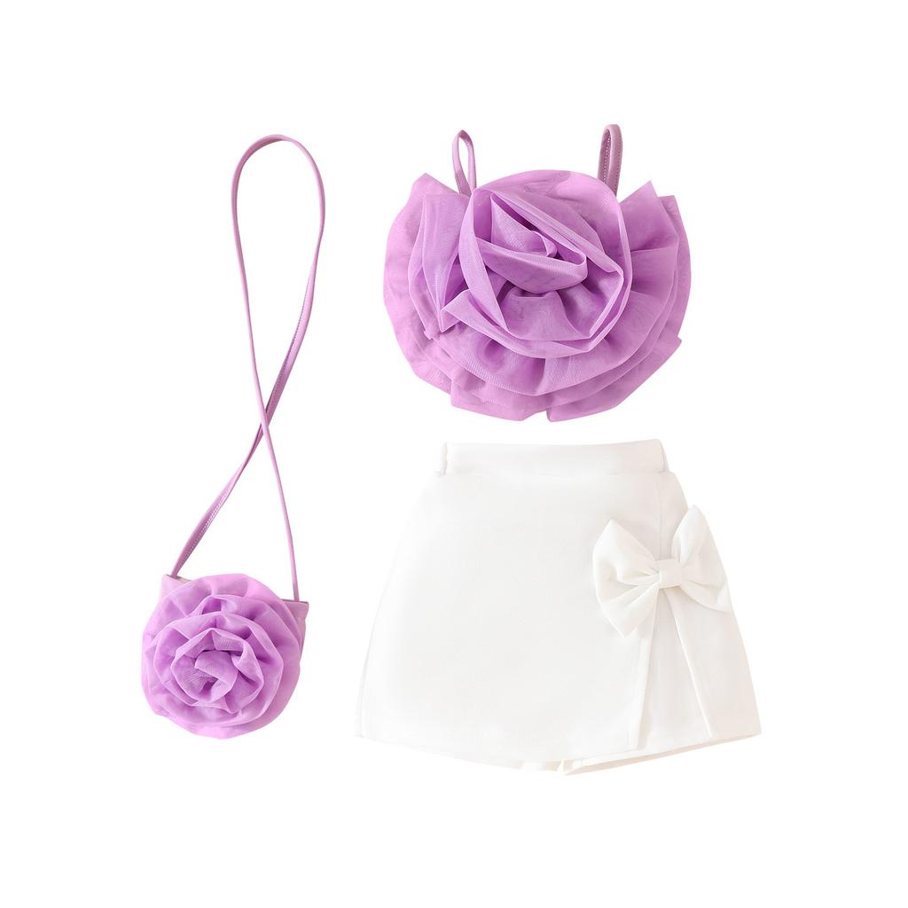 Summer Girls Three-dimensional Flower Suspender Bow Short Skirt Small Bag Set