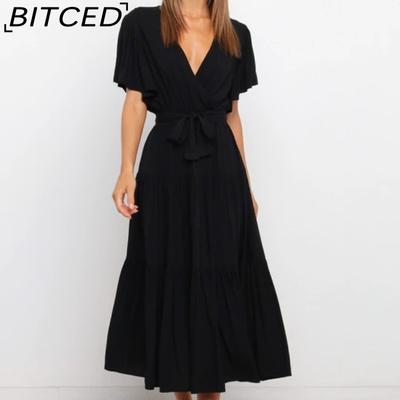 V-neck Commuter Printed Short Sleeve Waist Long Bohemian Dress In Stock
