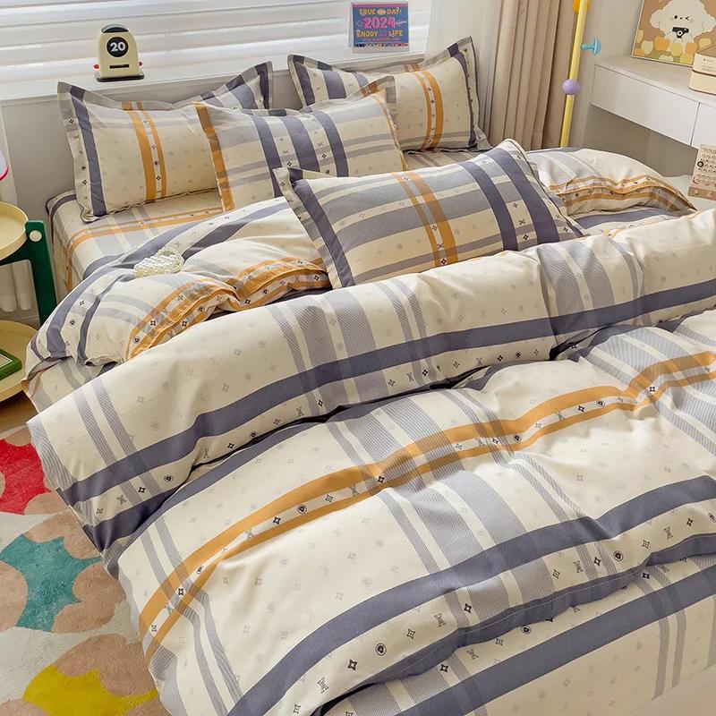 4 Piece, 100% Cotton Bedding Set, 4 Piece Bed Sheet Comforter Set, Simple Striped Check Couple Bed Quilt Set