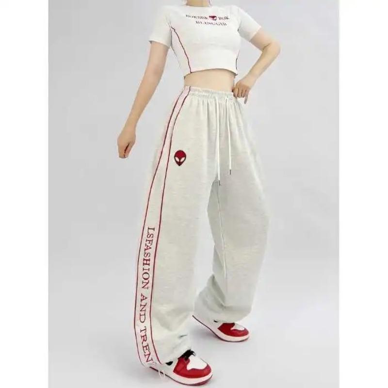 American Street Trend Black Printed Drawstring Sports Casual Pants Women Autumn Pocket Elastic Waist Straight Wide Leg Trousers