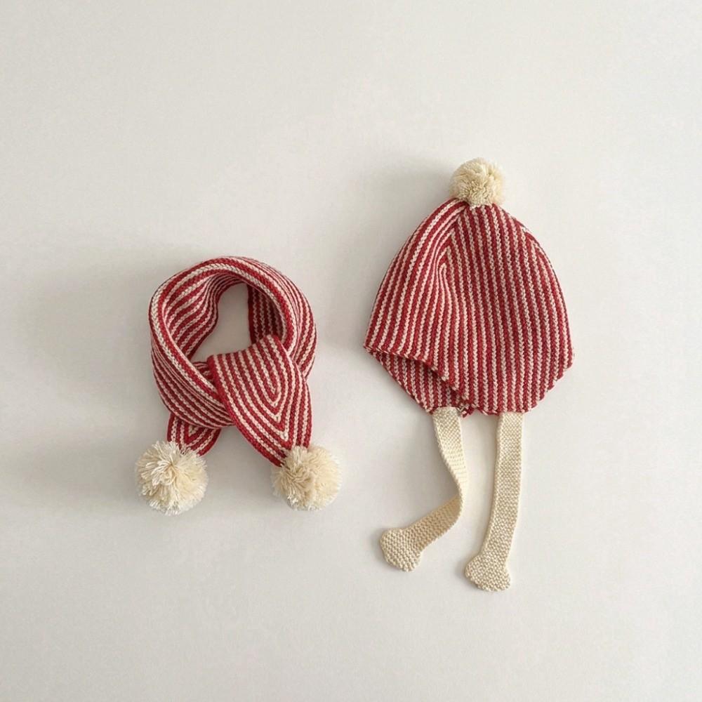 2Pcs/Set Stripe Knitted Pom Pom Hat Vintage Neck Warmer Casual Children Hat Scarf Set Outdoor