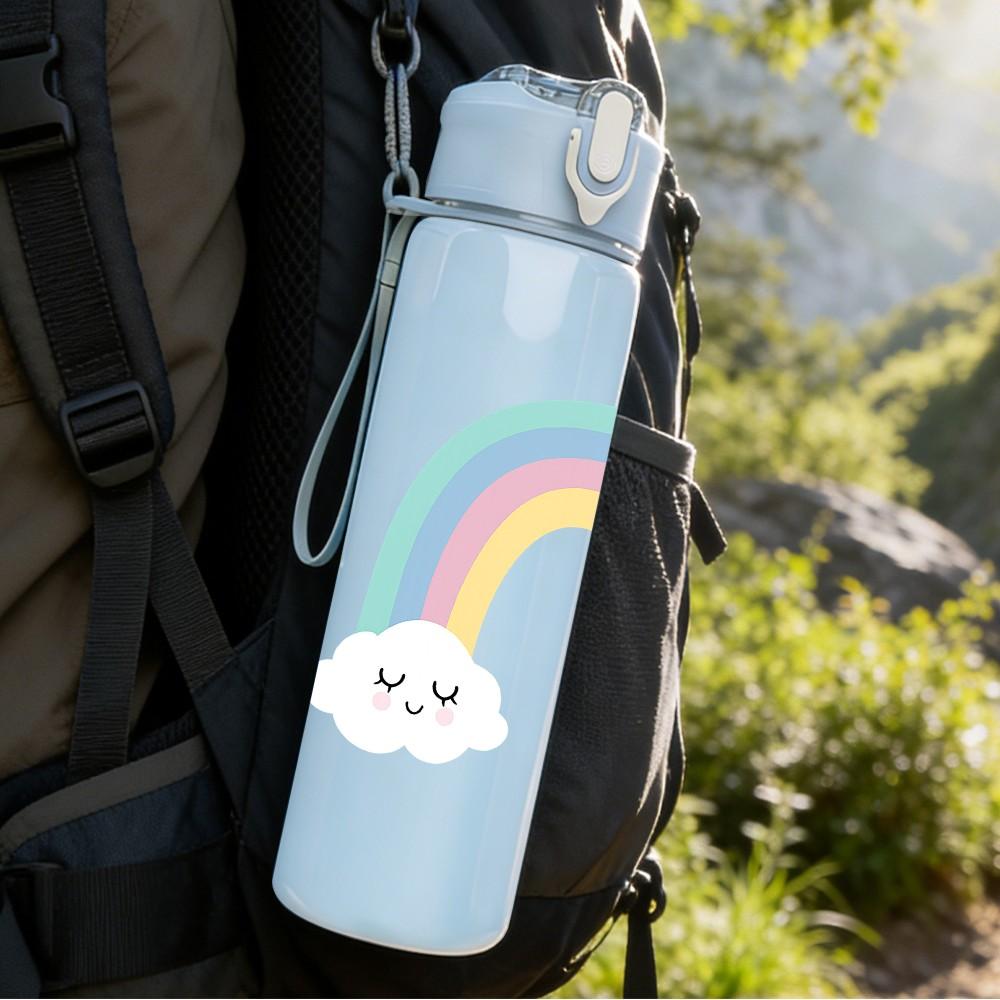1PC Pastel Rainbow Cloud 750ml Color Plastic Sports Water Bottle Leakproof Flip Straw Lid Suitable for Sports Office Home Use