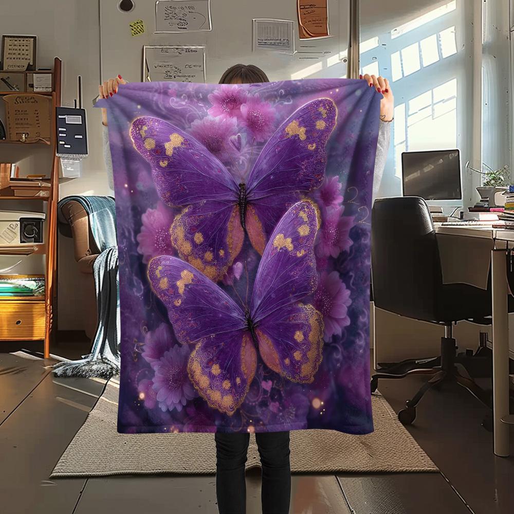 Purple Flower Butterfly  Print Flannel Blanket, High quality Comfortable for All Seasons, Home Decor, Warmth and Comfort