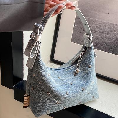 Retro Trendy Denim Handtaschen Für Frauen Modische Nischen Perlen Blau Tuch Tragetaschen Sommer Weibliche Shopping Reise Umhängetasche