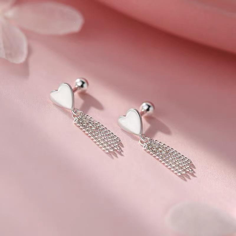 2024 Hot-Selling Niche Love Heart Tassel Stud Earrings, 925 Sterling Silver, High-End Women's Ear Ornaments