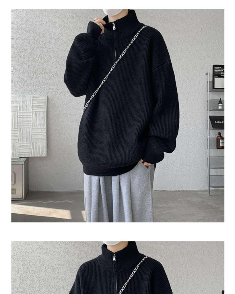 Men's Plus Size Half-Zip Stand Collar Sweater - Solid Color, Versatile, Trendy, Loose Fit for High School Students (Autumn/Winter)