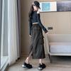 Women's High Waist A-Line Midi Skirt - Retro Workwear with Slit & Drawstring for Petite Figures, Spring & Autumn.