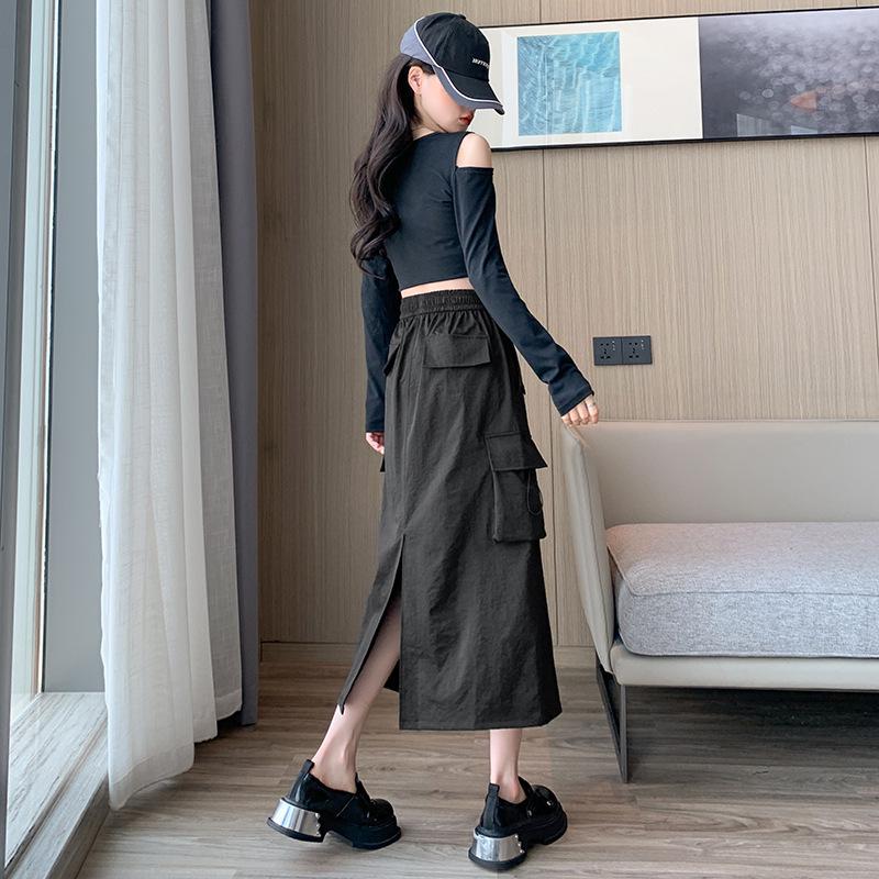Women's High Waist A-Line Midi Skirt - Retro Workwear with Slit & Drawstring for Petite Figures, Spring & Autumn.
