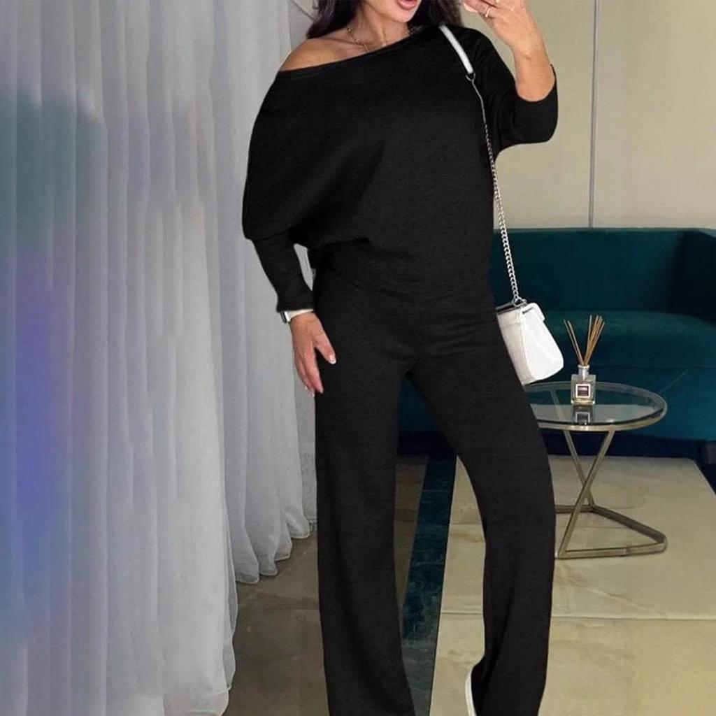 Women's Off Shoulder Long Sleeve Loose Fit Sweatshirt Jogger Pants Two Piece Set