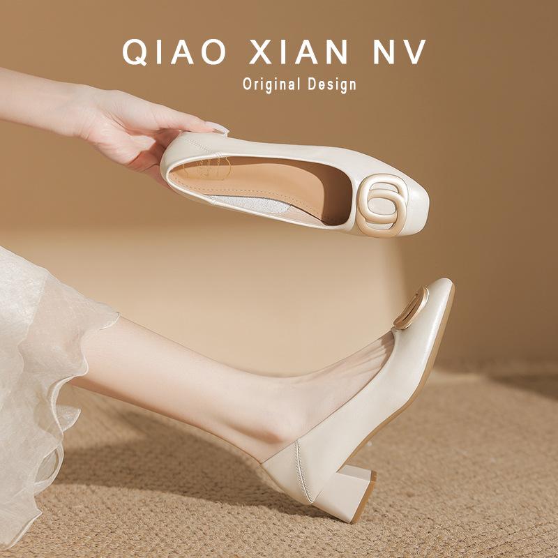 Giant soft~ French leather square head soft leather single shoes versatile temperament thick heel light mouth spring and autumn shoes professional