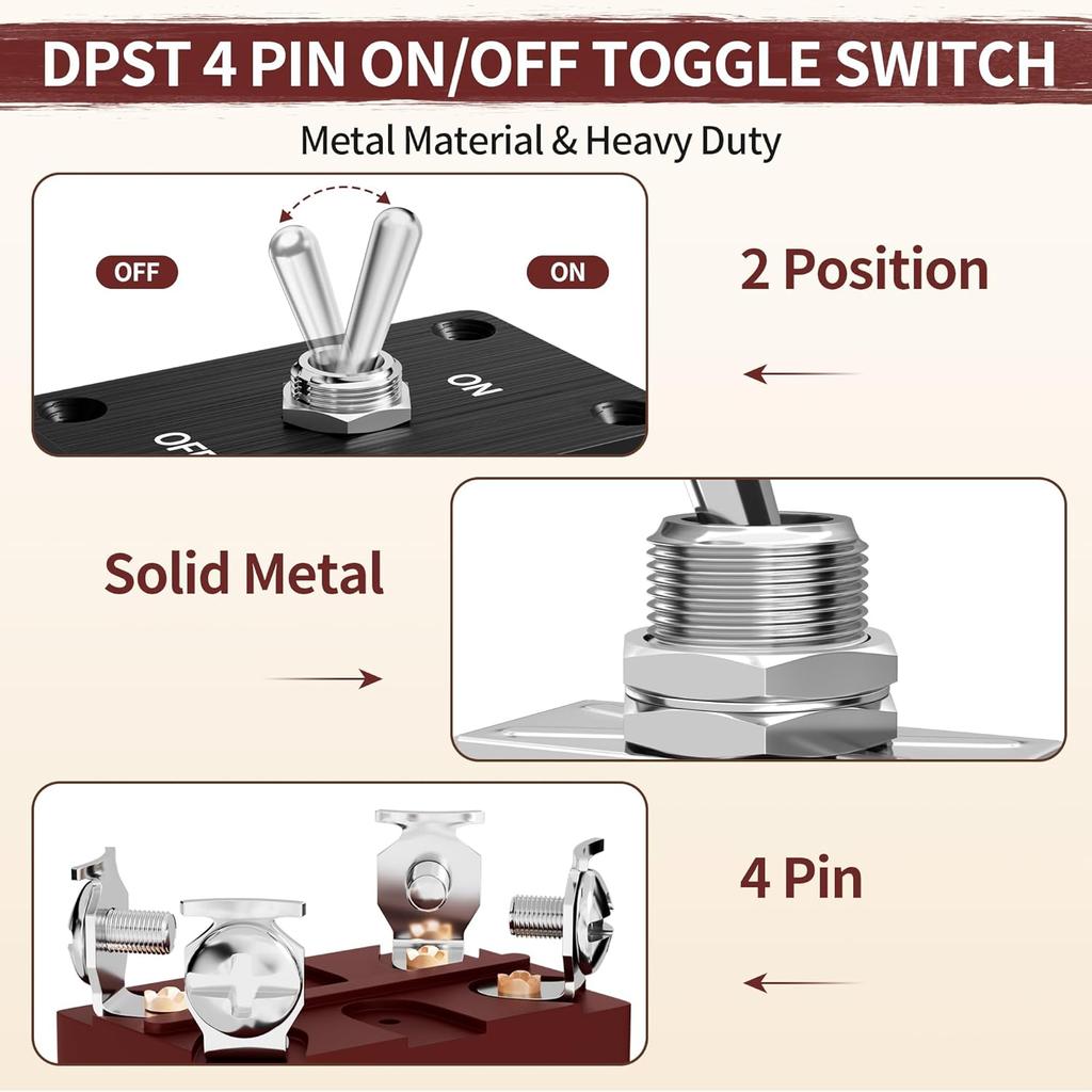 Toggle Switch Waterproof ON/Off DPST 4 Pin 30A 12V DC 20A 120V AC Toggle Rocker Switch 2 Way with Mounting Panel Cover for Marine Boat Car Truck