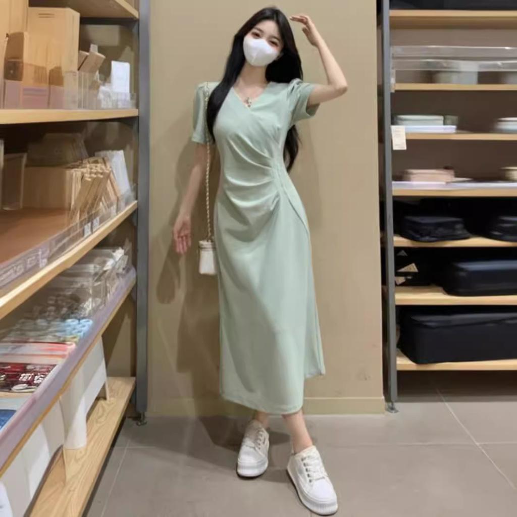 Large size coffee break V-neck pleated waist dress women's summer fat mm French gentle temperament slim and thin skirt