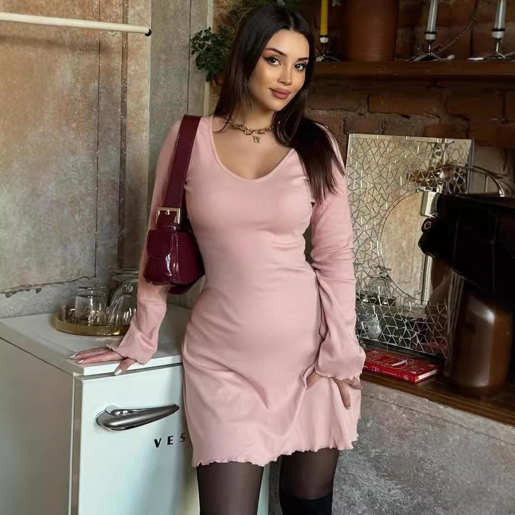 Style Women's Summer New Solid Color Ribbed Fashionable Long-sleeved Waist Dress