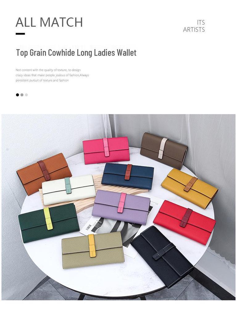 Women's Top Grain Cowhide Color Block Long Wallet - Large Capacity, Multifunctional Clutch & Phone Bag