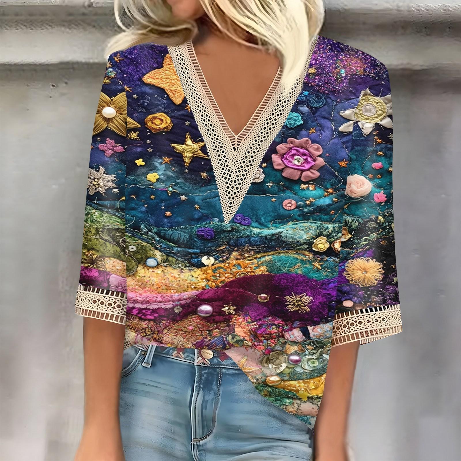 

Women s Vintage Print Lace Top With Three-quarter Sleeves Top M