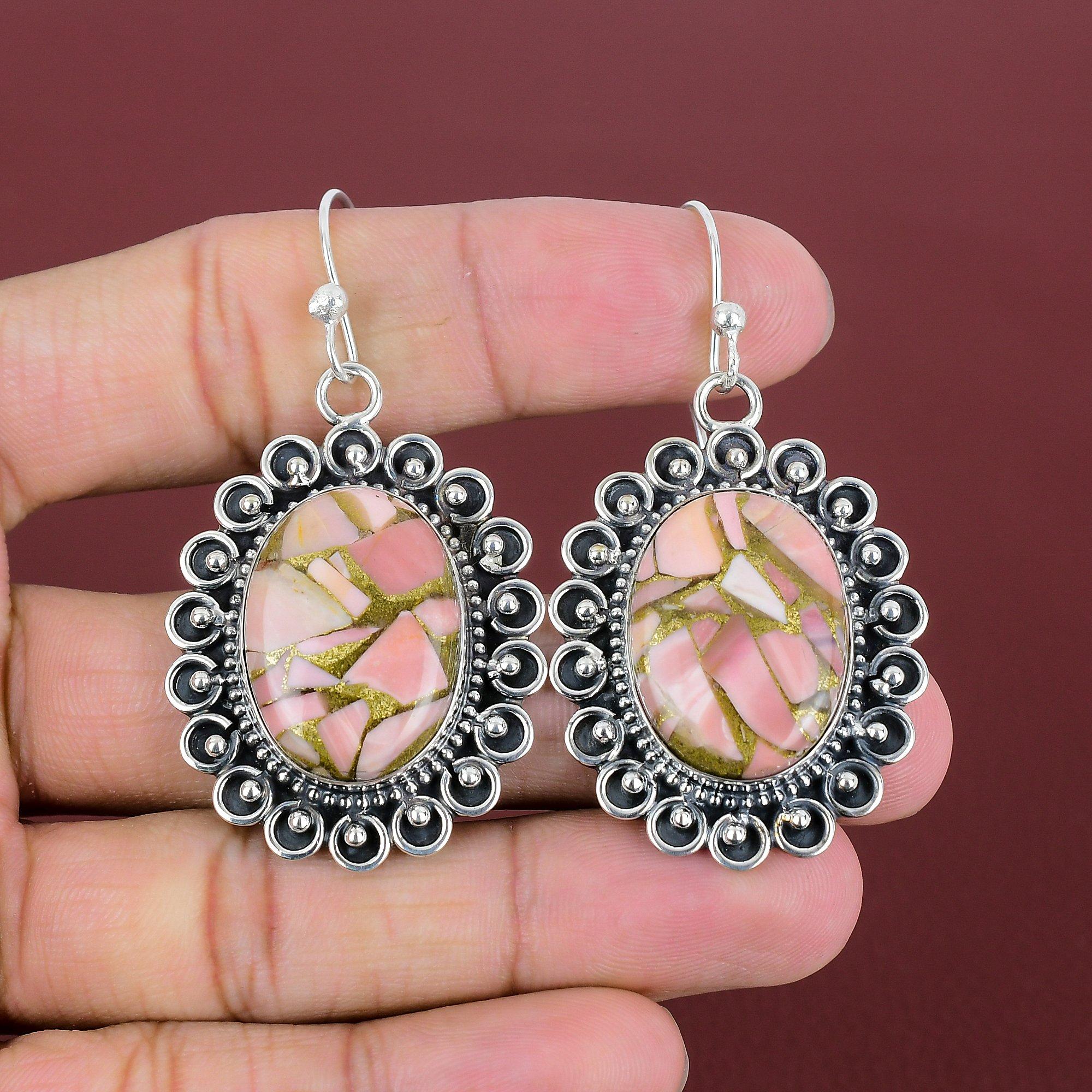 Copper Pink Opal Earring Natural Gemstone Earring 925 Sterling Silver Earrings Beautiful Dangle Earrings Handmade Boho Jewelry Gifts For Her